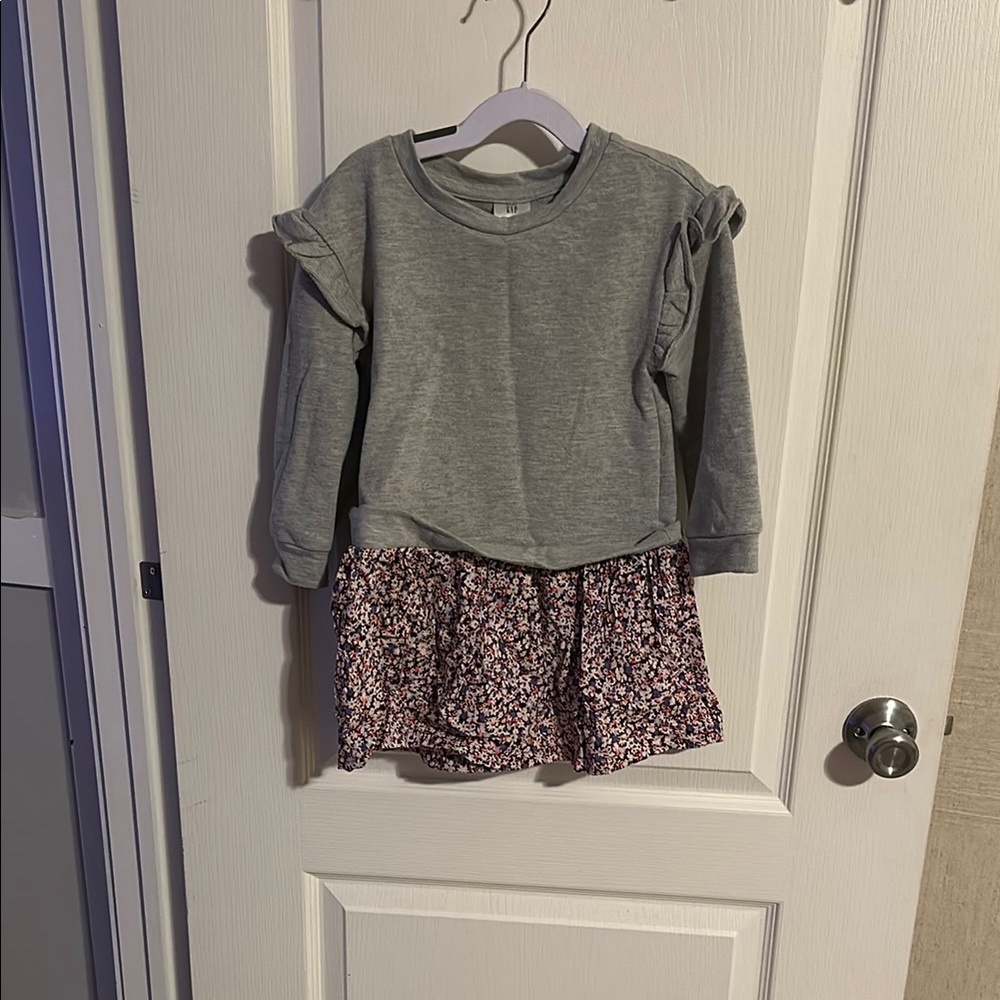 Gray Ruffle Sleeve Kids Top with Floral Skirt